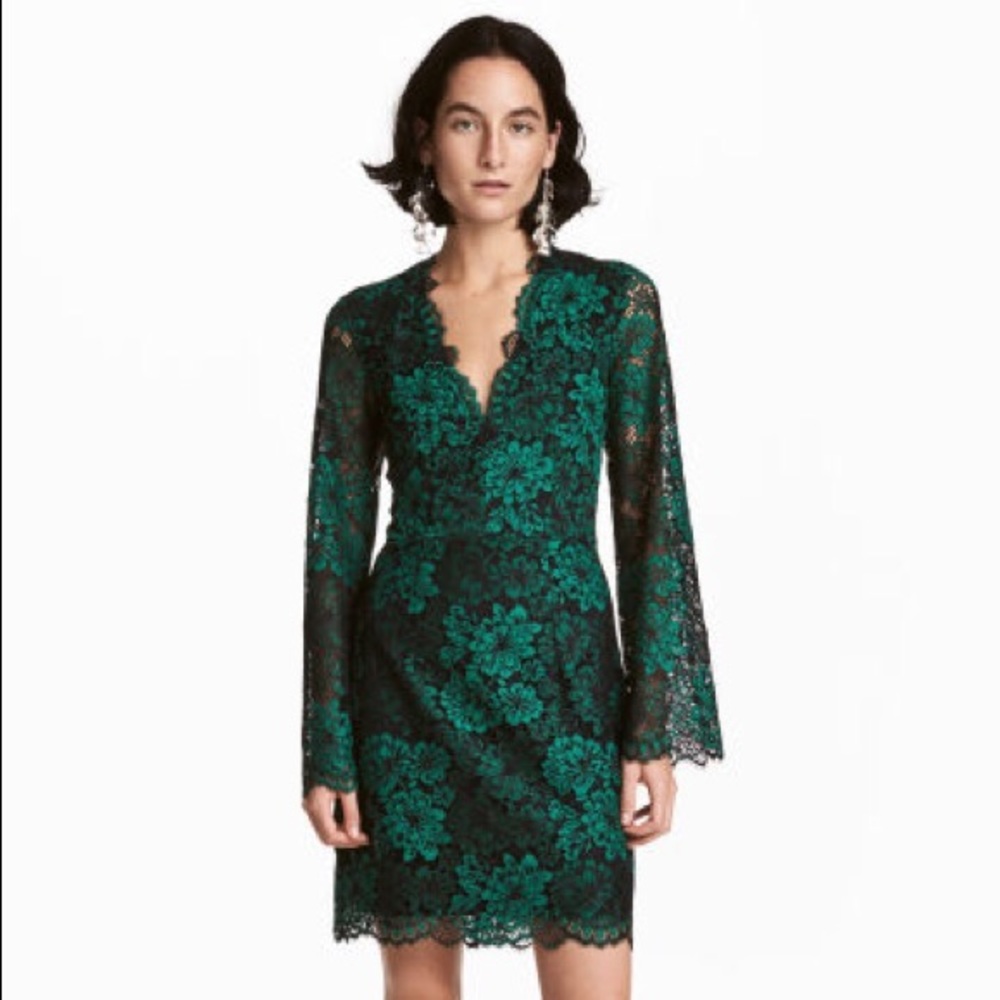 H&M Green Lace Dress Deep V Neck